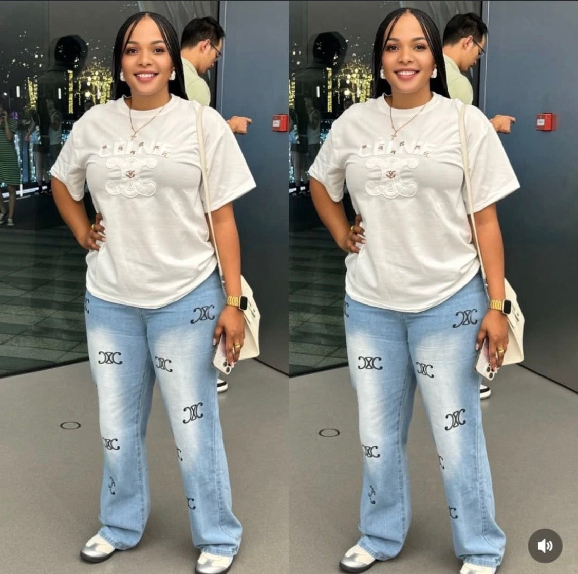 Complet Femme T-shirt avec jean bleu clair.