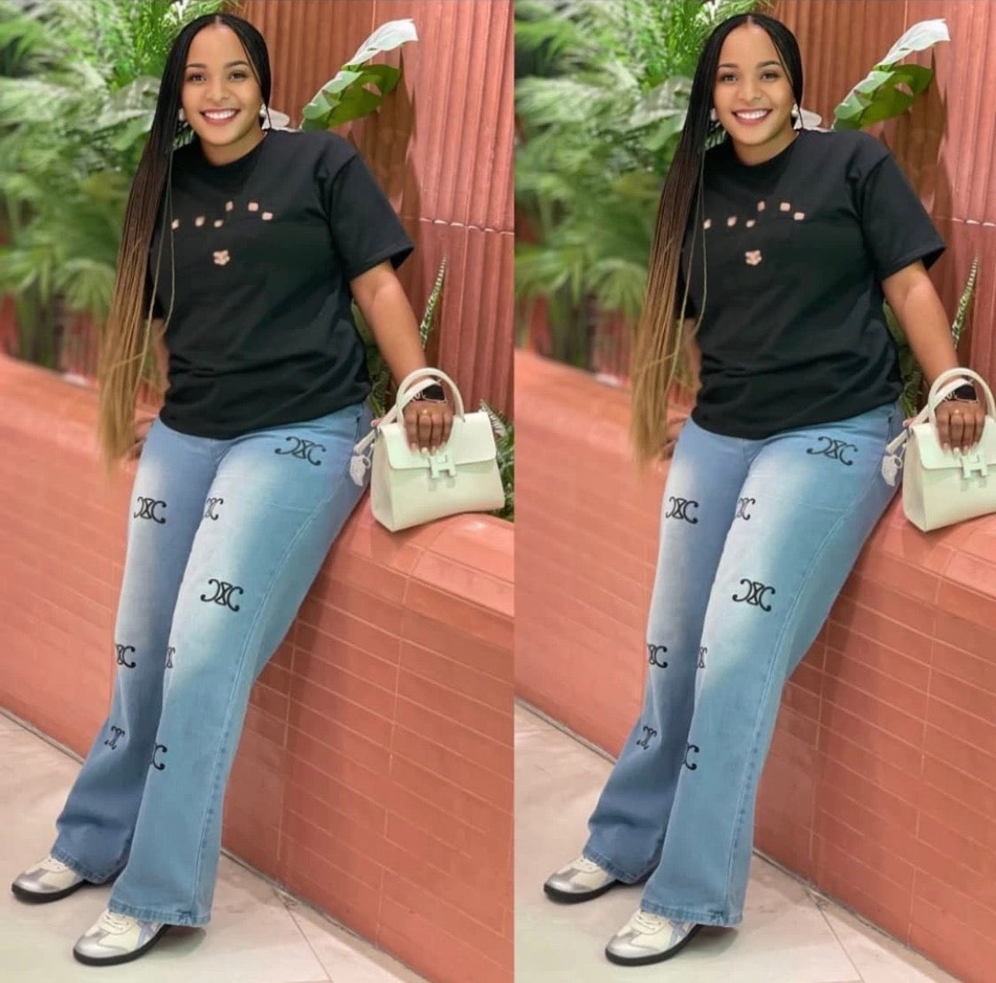 Complet Femme T-shirt avec jean bleu clair.